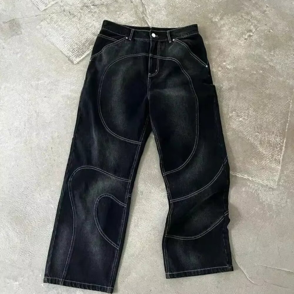 Streetwear Vintage Blue Jeans Y2K Clothes Men Hip Hop Letter Patch Embroidery - Picture 3 of 5